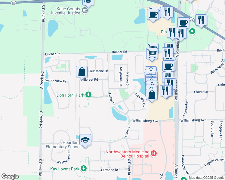 map of restaurants, bars, coffee shops, grocery stores, and more near 339 Nelson Drive in Geneva