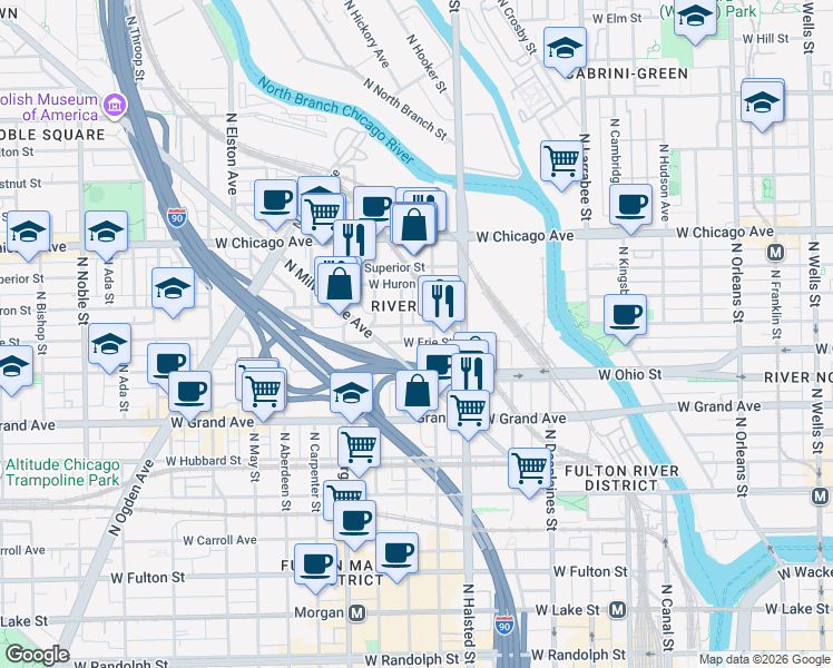 map of restaurants, bars, coffee shops, grocery stores, and more near 848 West Erie Street in Chicago