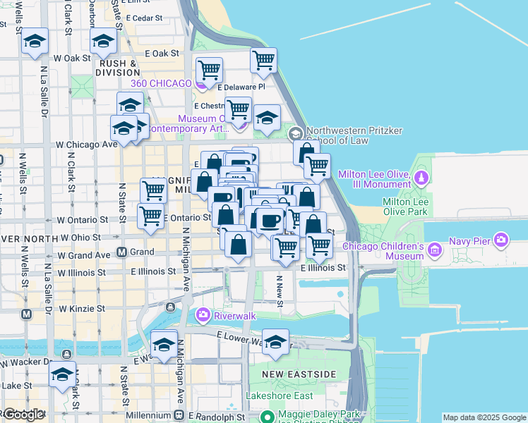 map of restaurants, bars, coffee shops, grocery stores, and more near 328 East Ontario Street in Chicago