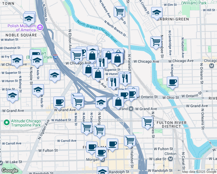 map of restaurants, bars, coffee shops, grocery stores, and more near 649 North Milwaukee Avenue in Chicago
