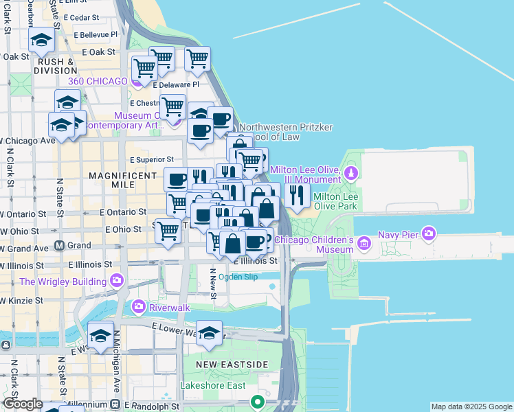 map of restaurants, bars, coffee shops, grocery stores, and more near 448 East Ontario Street in Chicago