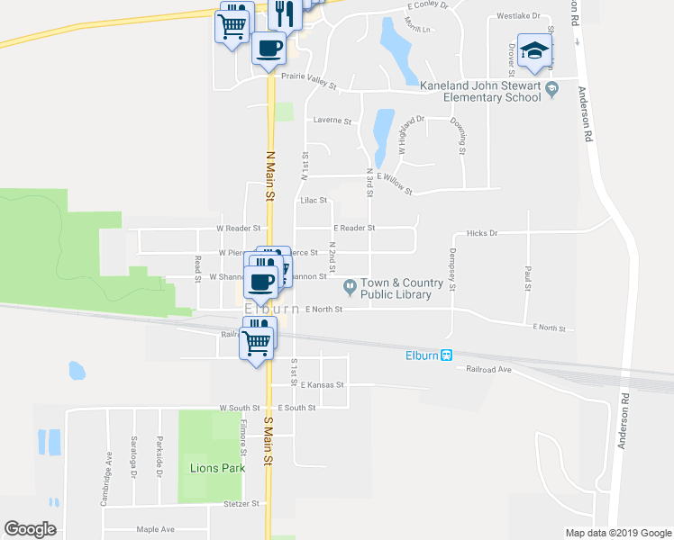 map of restaurants, bars, coffee shops, grocery stores, and more near 300 East Shannon Street in Elburn