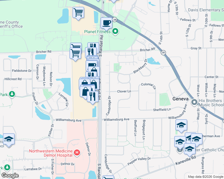 map of restaurants, bars, coffee shops, grocery stores, and more near 2329 Clover Lane in Geneva