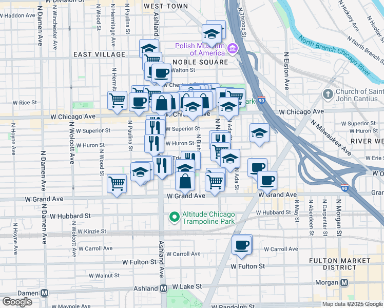 map of restaurants, bars, coffee shops, grocery stores, and more near 1458 West Erie Street in Chicago