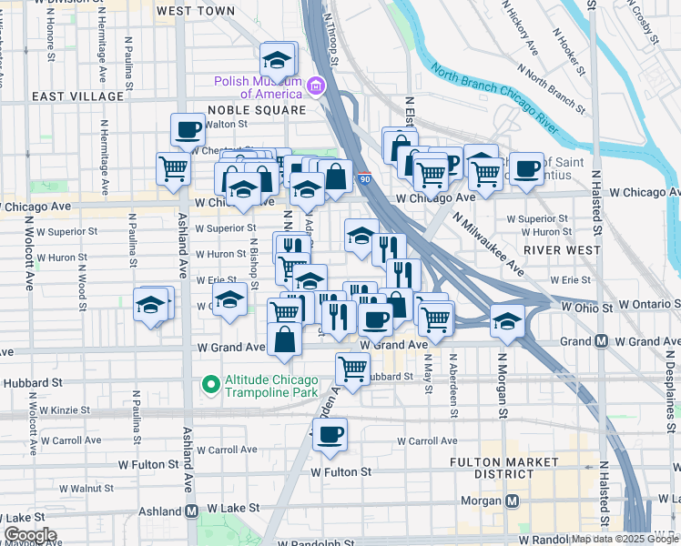 map of restaurants, bars, coffee shops, grocery stores, and more near 1306 West Erie Street in Chicago
