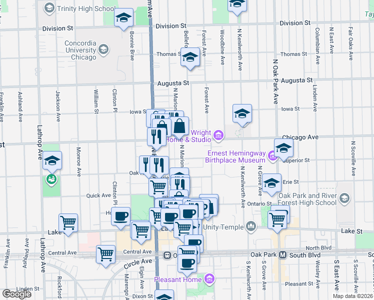 map of restaurants, bars, coffee shops, grocery stores, and more near 412 North Marion Street in Oak Park