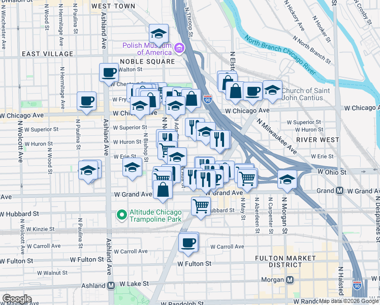map of restaurants, bars, coffee shops, grocery stores, and more near 1306 West Erie Street in Chicago
