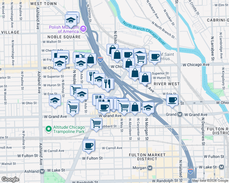 map of restaurants, bars, coffee shops, grocery stores, and more near in Chicago