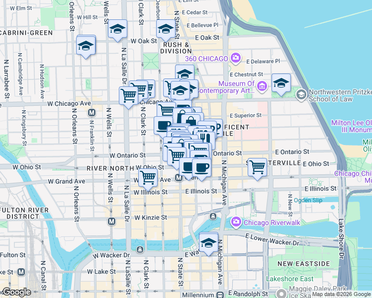 map of restaurants, bars, coffee shops, grocery stores, and more near 10 East Ontario Street in Chicago