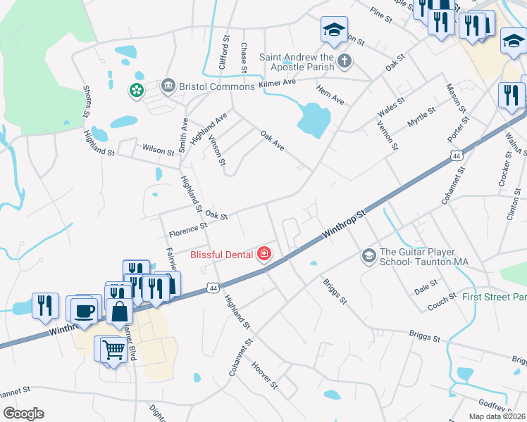 map of restaurants, bars, coffee shops, grocery stores, and more near 50 Anderson Street in Taunton