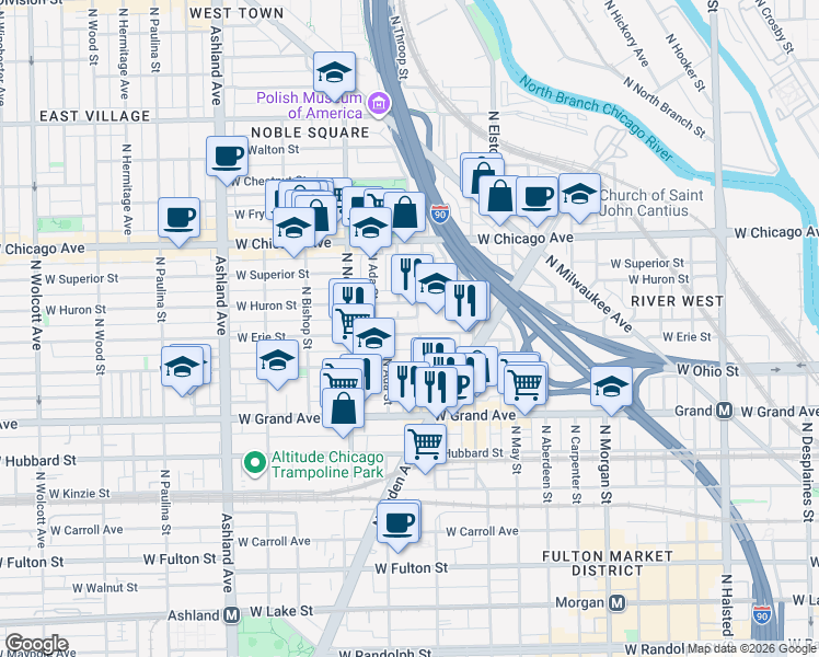 map of restaurants, bars, coffee shops, grocery stores, and more near 1306 West Erie Street in Chicago