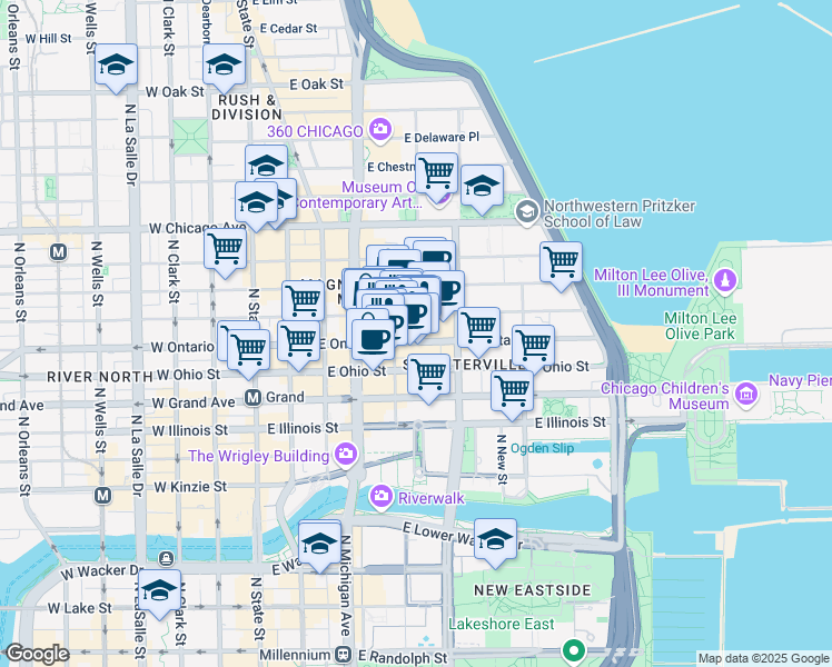 map of restaurants, bars, coffee shops, grocery stores, and more near 216 East Ontario Street in Chicago