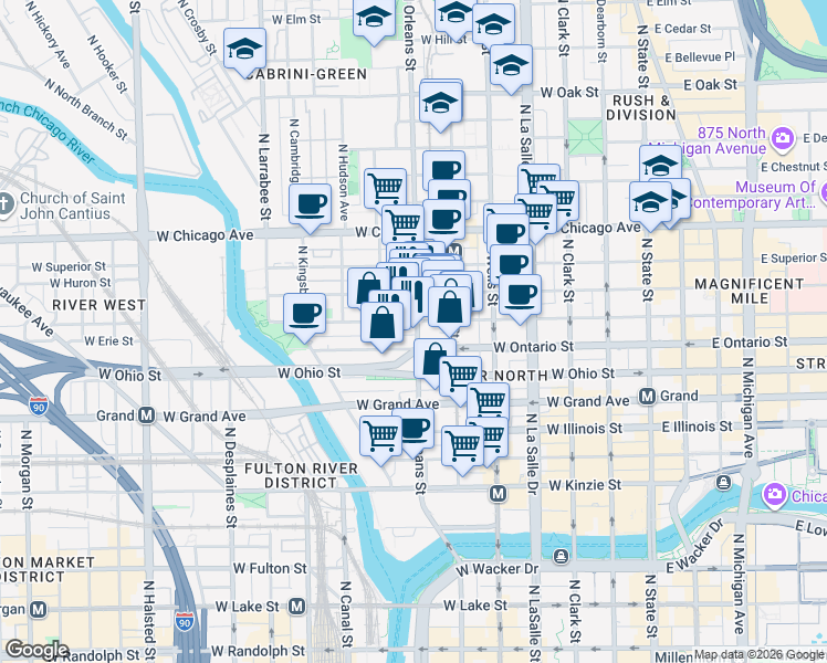 map of restaurants, bars, coffee shops, grocery stores, and more near 644 North Orleans Street in Chicago