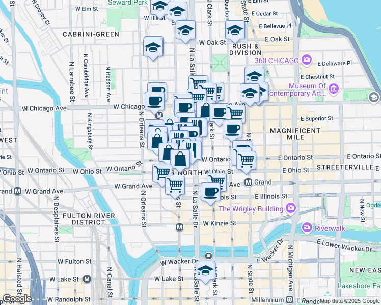 map of restaurants, bars, coffee shops, grocery stores, and more near 640 North LaSalle Drive in Chicago