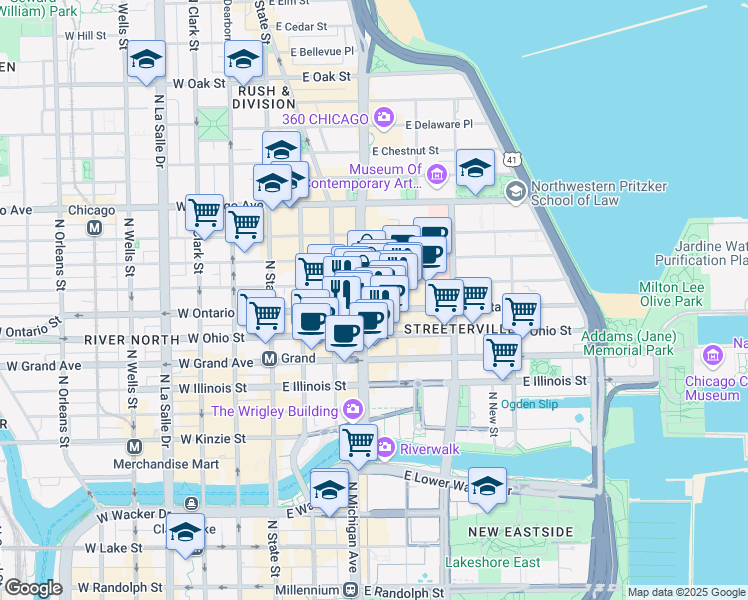 map of restaurants, bars, coffee shops, grocery stores, and more near 625 North Michigan Avenue in Chicago