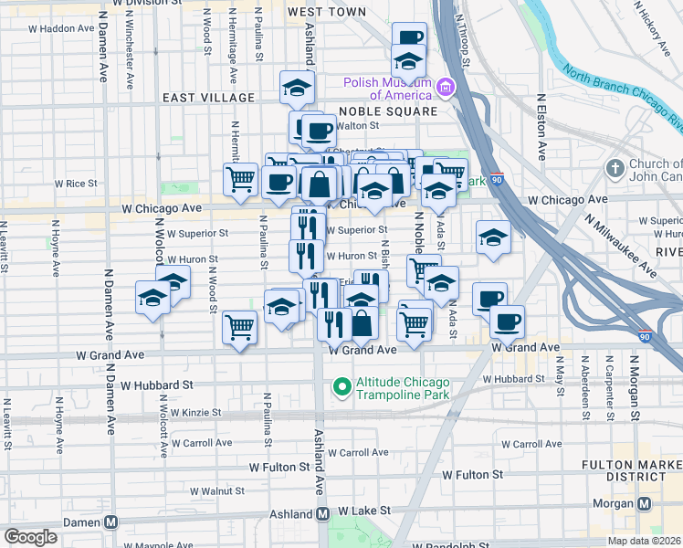 map of restaurants, bars, coffee shops, grocery stores, and more near 1508 West Erie Street in Chicago
