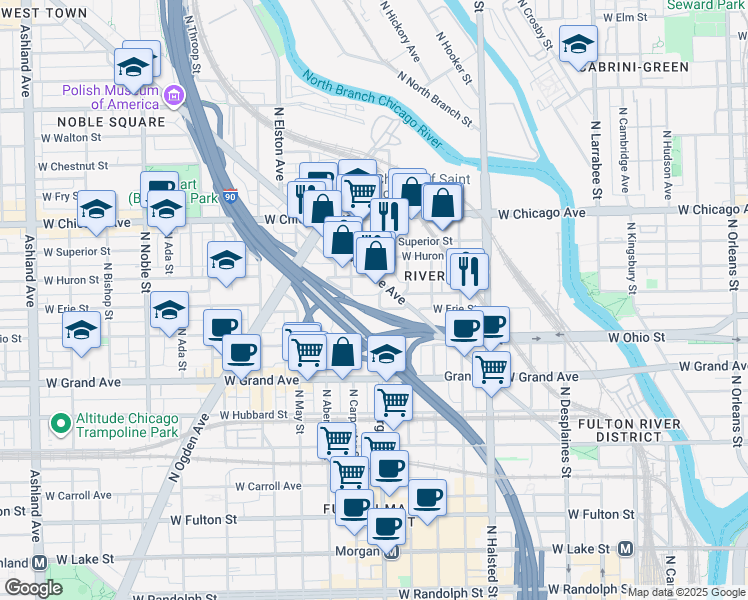 map of restaurants, bars, coffee shops, grocery stores, and more near 648 North Morgan Street in Chicago