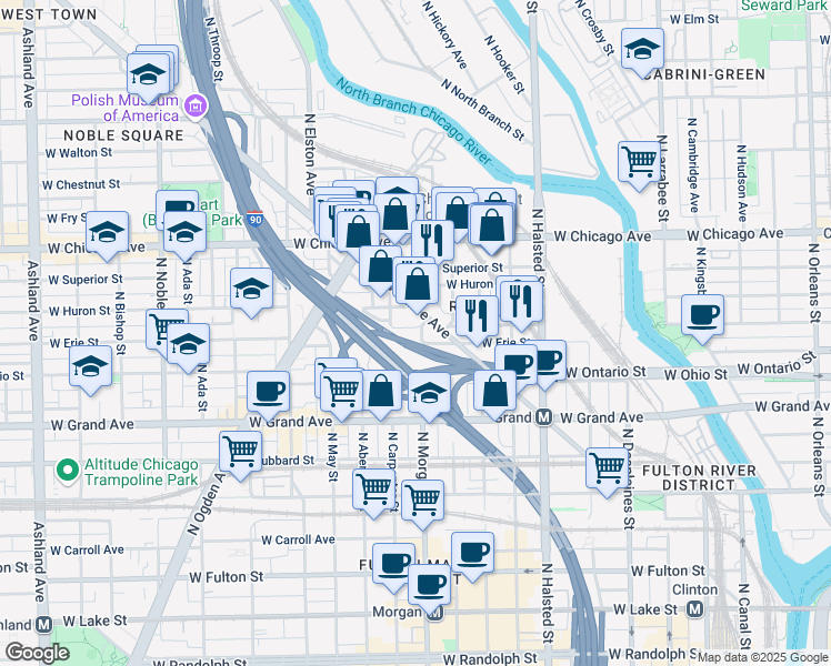 map of restaurants, bars, coffee shops, grocery stores, and more near 648 North Morgan Street in Chicago
