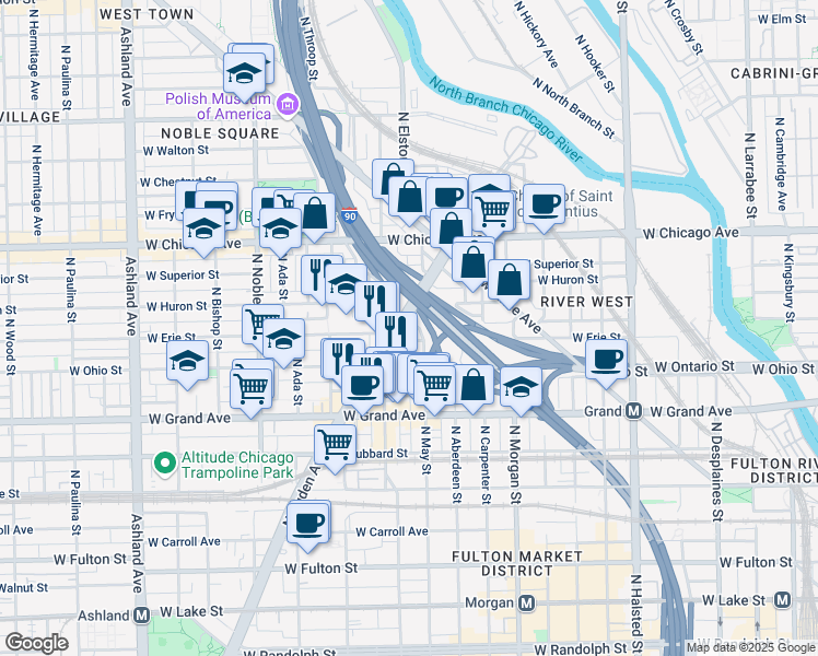 map of restaurants, bars, coffee shops, grocery stores, and more near in Chicago
