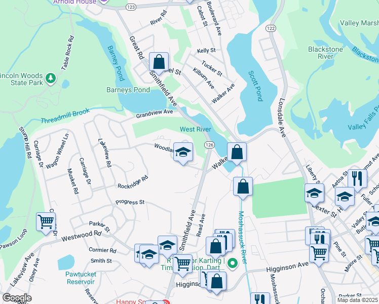 map of restaurants, bars, coffee shops, grocery stores, and more near 10 Woodland Court in Lincoln