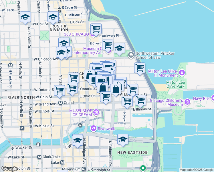 map of restaurants, bars, coffee shops, grocery stores, and more near 230 East Ontario Street in Chicago