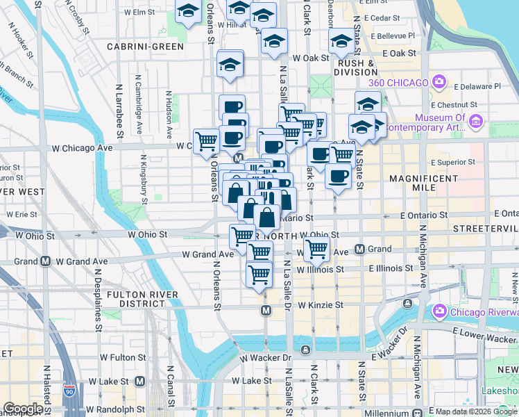 map of restaurants, bars, coffee shops, grocery stores, and more near 640 North Wells Street in Chicago