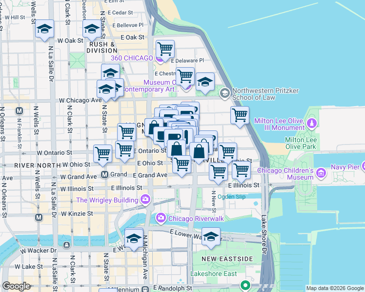 map of restaurants, bars, coffee shops, grocery stores, and more near 230 East Ontario Street in Chicago