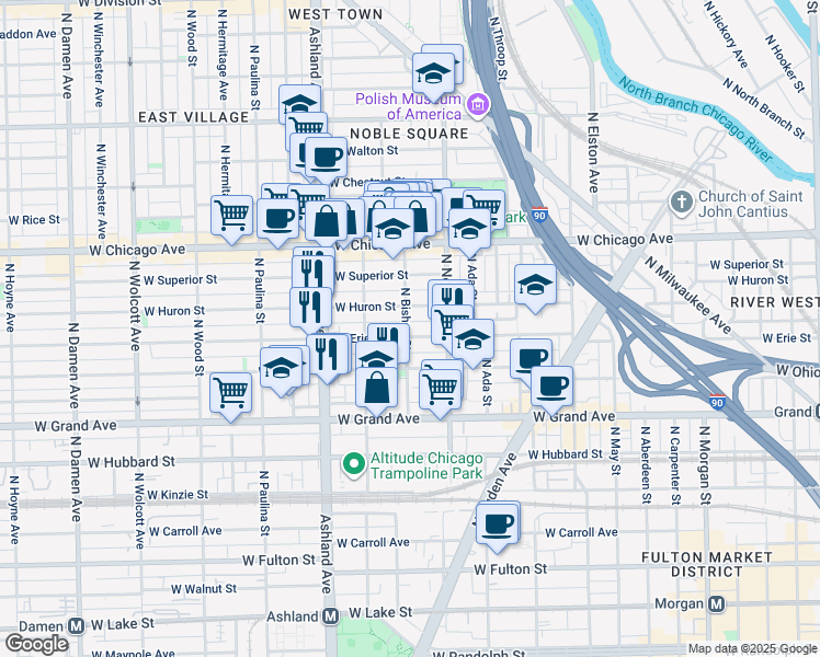 map of restaurants, bars, coffee shops, grocery stores, and more near 1436 West Erie Street in Chicago
