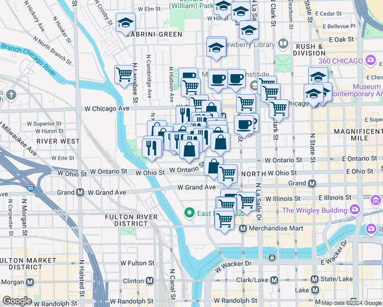 map of restaurants, bars, coffee shops, grocery stores, and more near 363 West Erie Street in Chicago