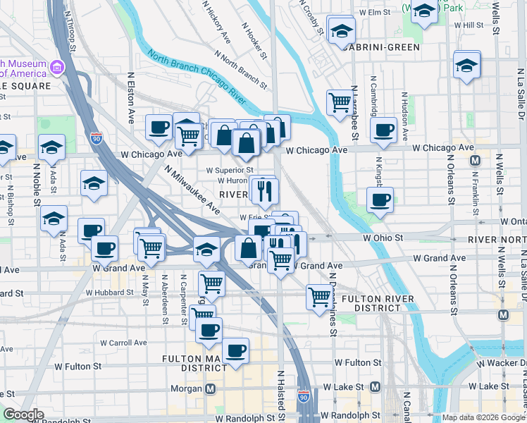 map of restaurants, bars, coffee shops, grocery stores, and more near in Chicago