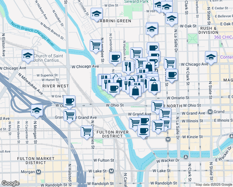 map of restaurants, bars, coffee shops, grocery stores, and more near 435 West Erie Street in Chicago