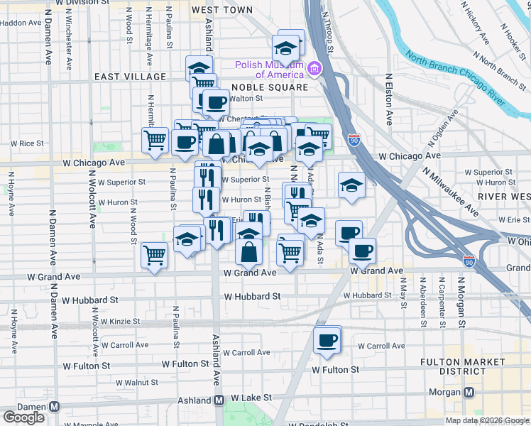 map of restaurants, bars, coffee shops, grocery stores, and more near 1458 West Erie Street in Chicago