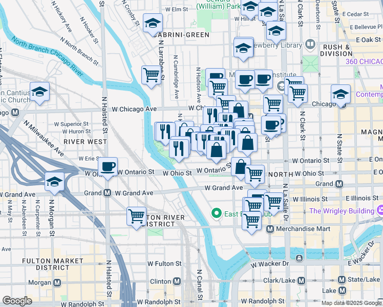 map of restaurants, bars, coffee shops, grocery stores, and more near 459 West Erie Street in Chicago
