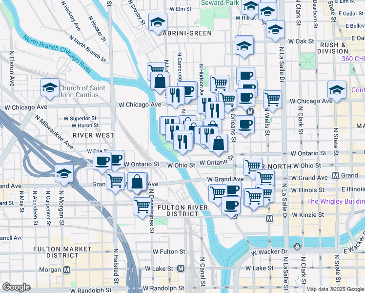 map of restaurants, bars, coffee shops, grocery stores, and more near 658 North Kingsbury Street in Chicago