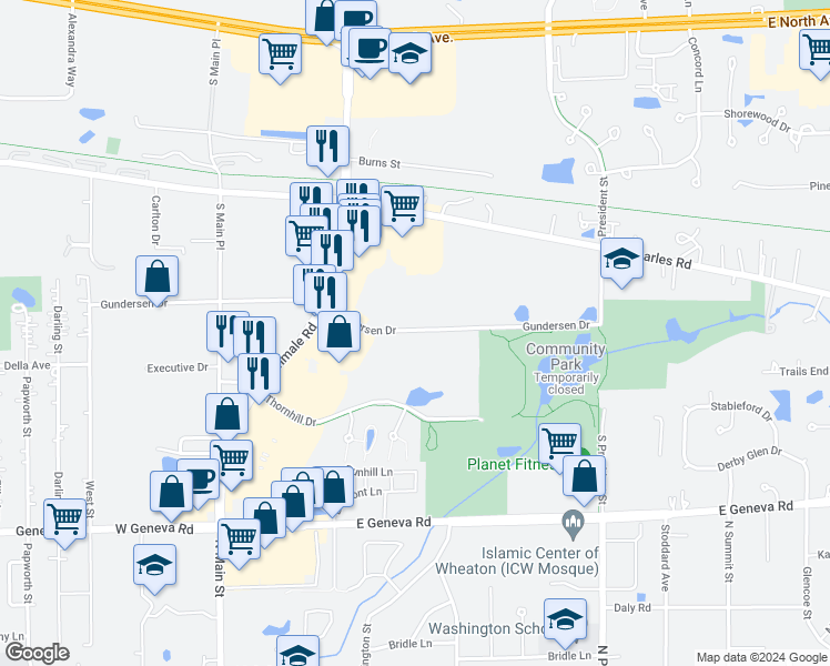 map of restaurants, bars, coffee shops, grocery stores, and more near 562 Gundersen Drive in Carol Stream