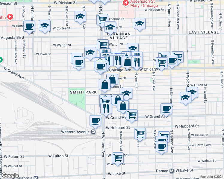 map of restaurants, bars, coffee shops, grocery stores, and more near 2327 West Huron Street in Chicago