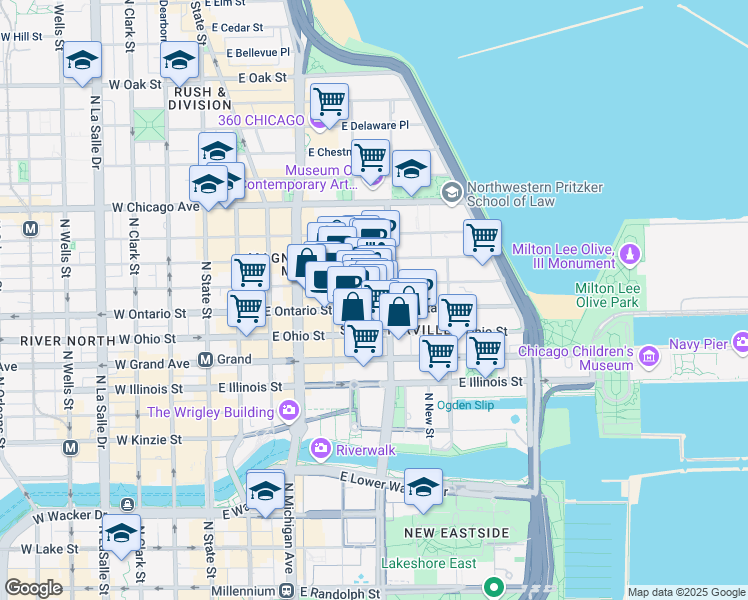 map of restaurants, bars, coffee shops, grocery stores, and more near 259 East Erie Street in Chicago