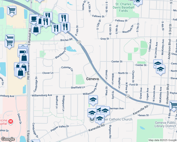 map of restaurants, bars, coffee shops, grocery stores, and more near 390 Brittany Court in Geneva