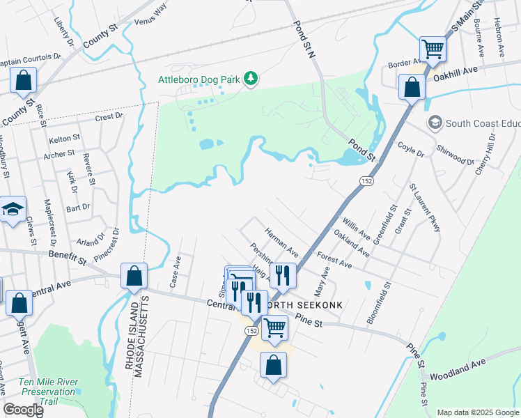 map of restaurants, bars, coffee shops, grocery stores, and more near 1 Forest Avenue in Seekonk