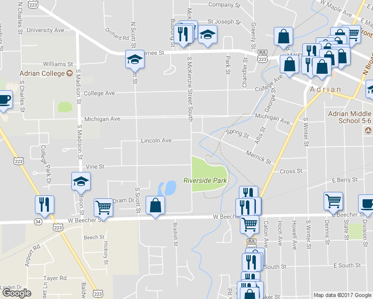 map of restaurants, bars, coffee shops, grocery stores, and more near 416 South McKenzie Street South in Adrian