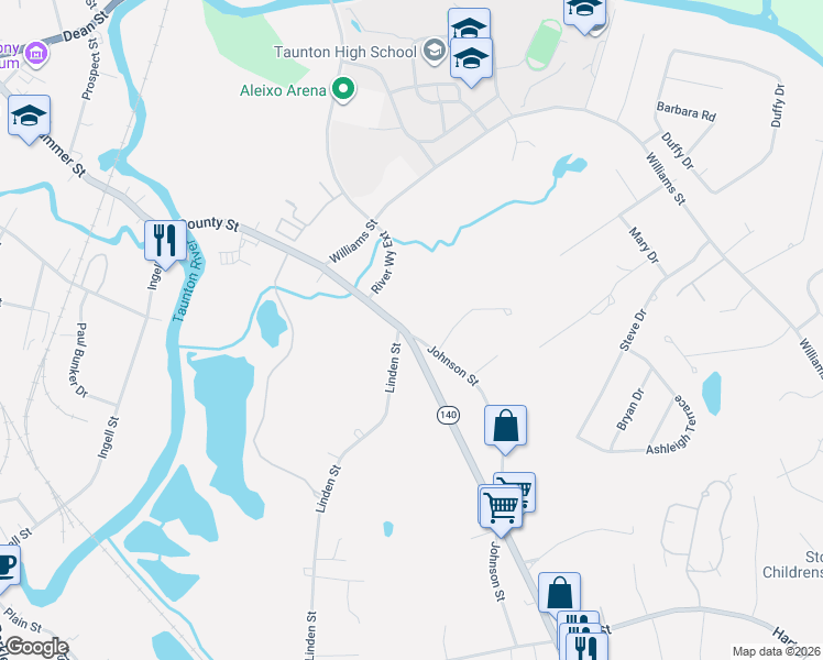 map of restaurants, bars, coffee shops, grocery stores, and more near 297 County Street in Taunton