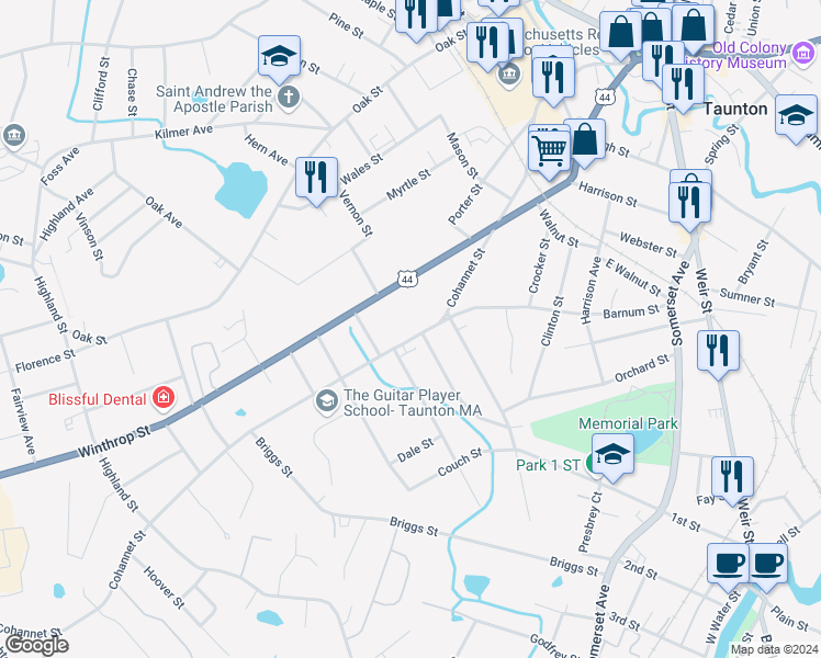map of restaurants, bars, coffee shops, grocery stores, and more near 421 Cohannet Street in Taunton