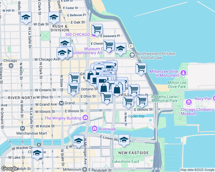 map of restaurants, bars, coffee shops, grocery stores, and more near 240 East Ontario Street in Chicago