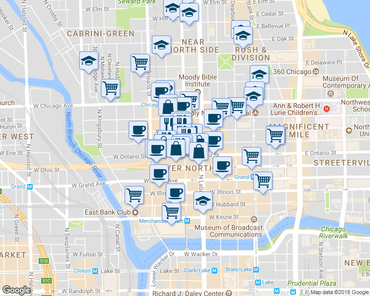 map of restaurants, bars, coffee shops, grocery stores, and more near 634 North Wells Street in Chicago