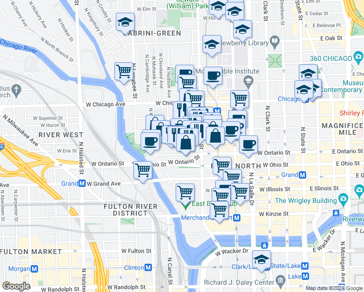 map of restaurants, bars, coffee shops, grocery stores, and more near 416 West Ontario Street in Chicago