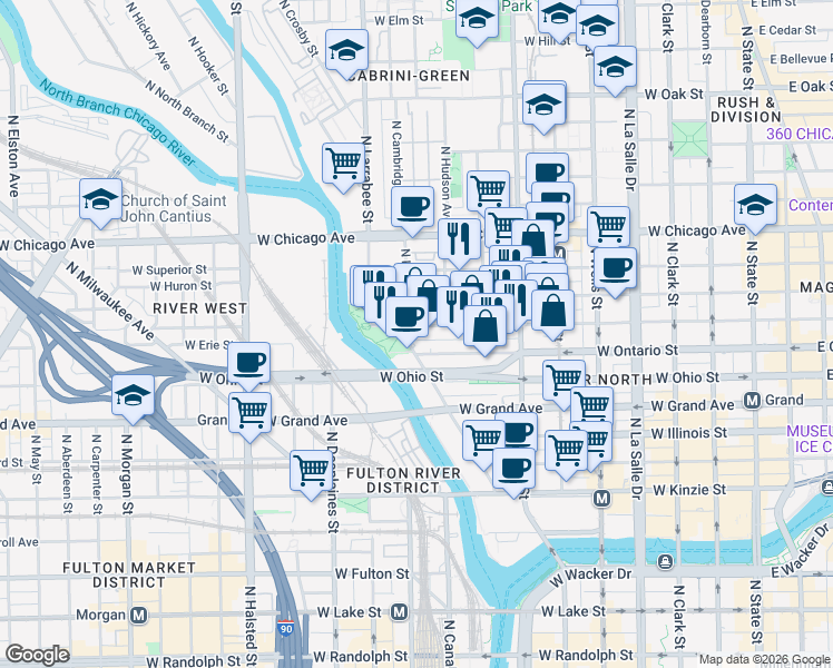 map of restaurants, bars, coffee shops, grocery stores, and more near 435 West Erie Street in Chicago