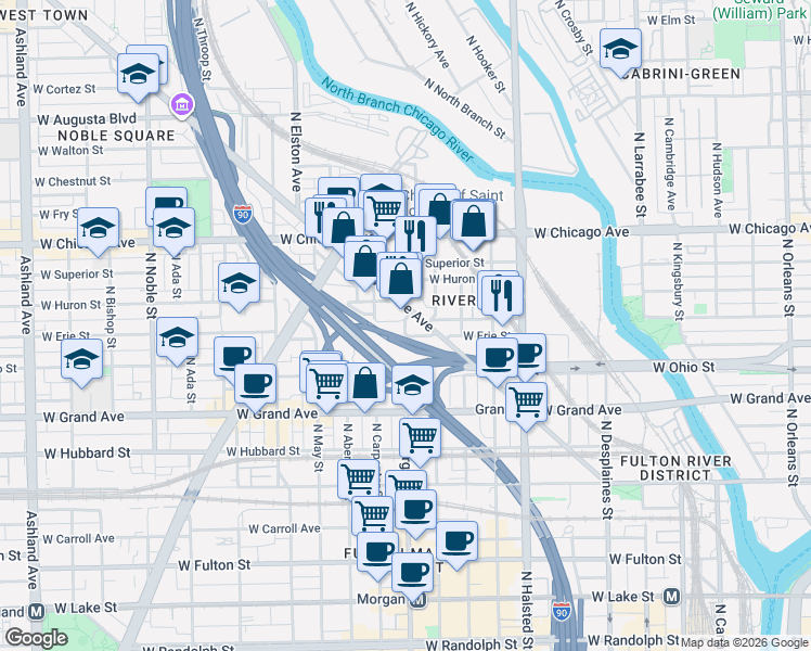 map of restaurants, bars, coffee shops, grocery stores, and more near 680 North Milwaukee Avenue in Chicago