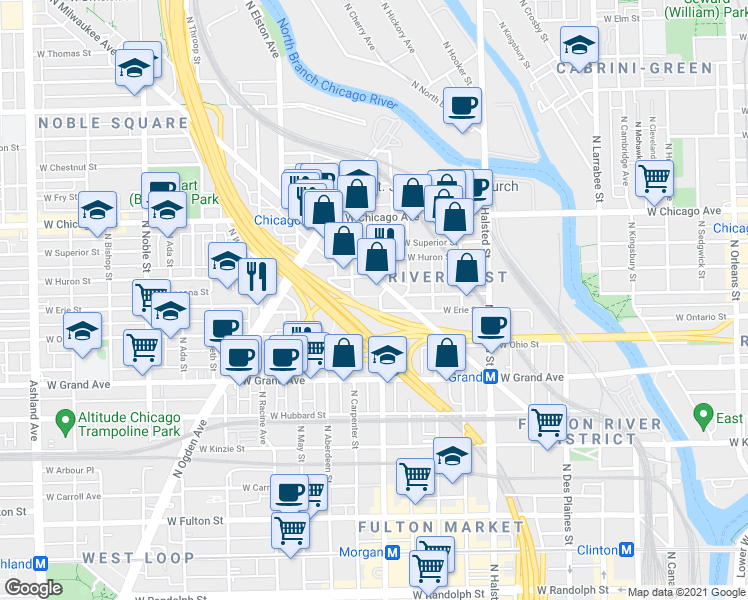 map of restaurants, bars, coffee shops, grocery stores, and more near 648 North Morgan Street in Chicago