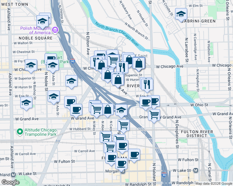 map of restaurants, bars, coffee shops, grocery stores, and more near 648 North Morgan Street in Chicago