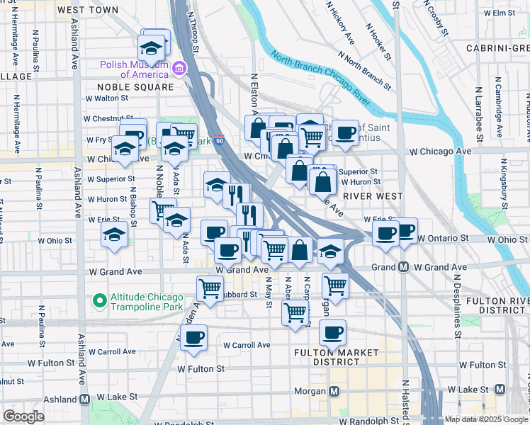 map of restaurants, bars, coffee shops, grocery stores, and more near 1120 West Erie Street in Chicago